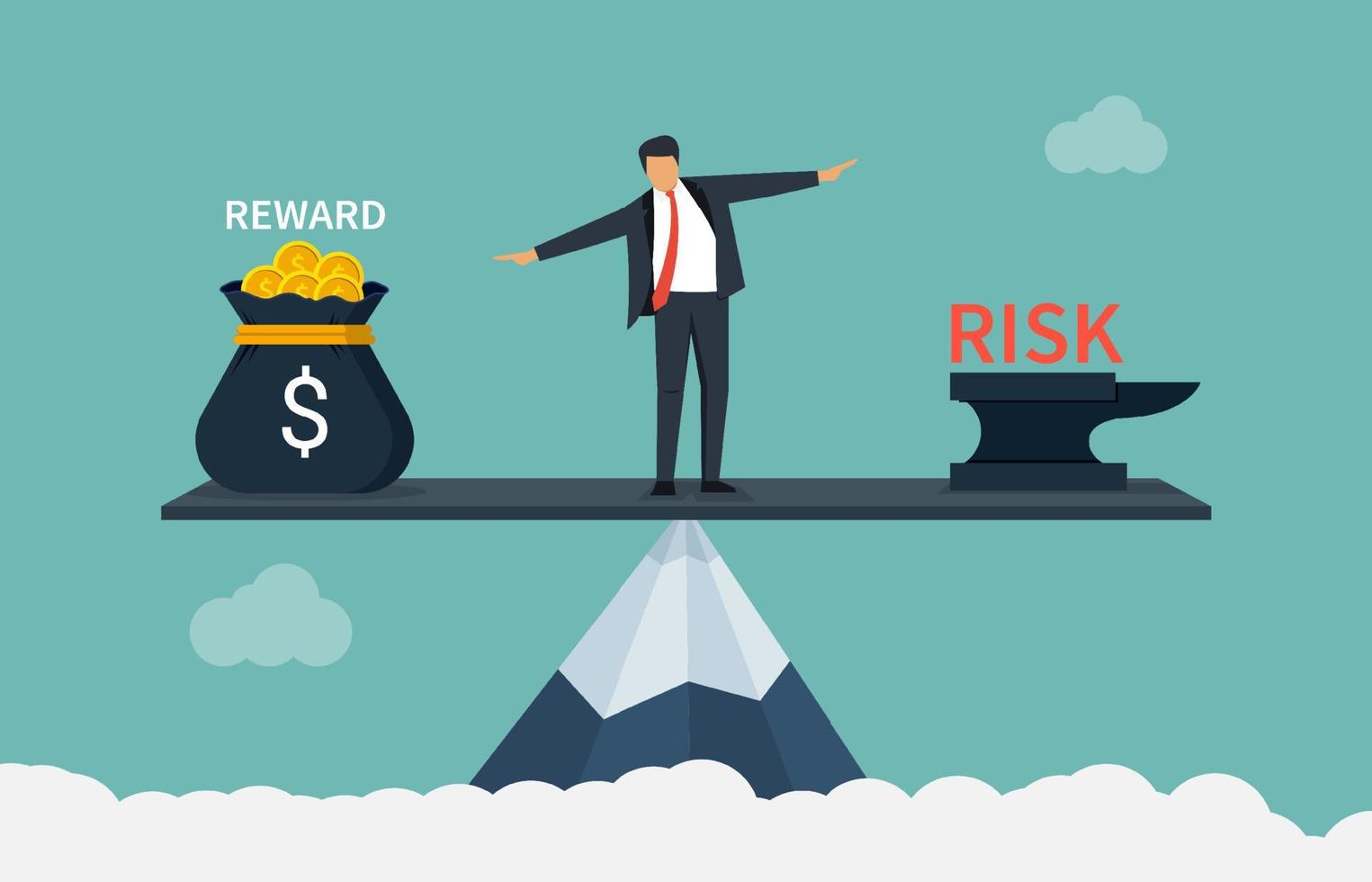 businessman-balancing-between-reward-and-risk-business-concept-on-top-of-mountain-vector